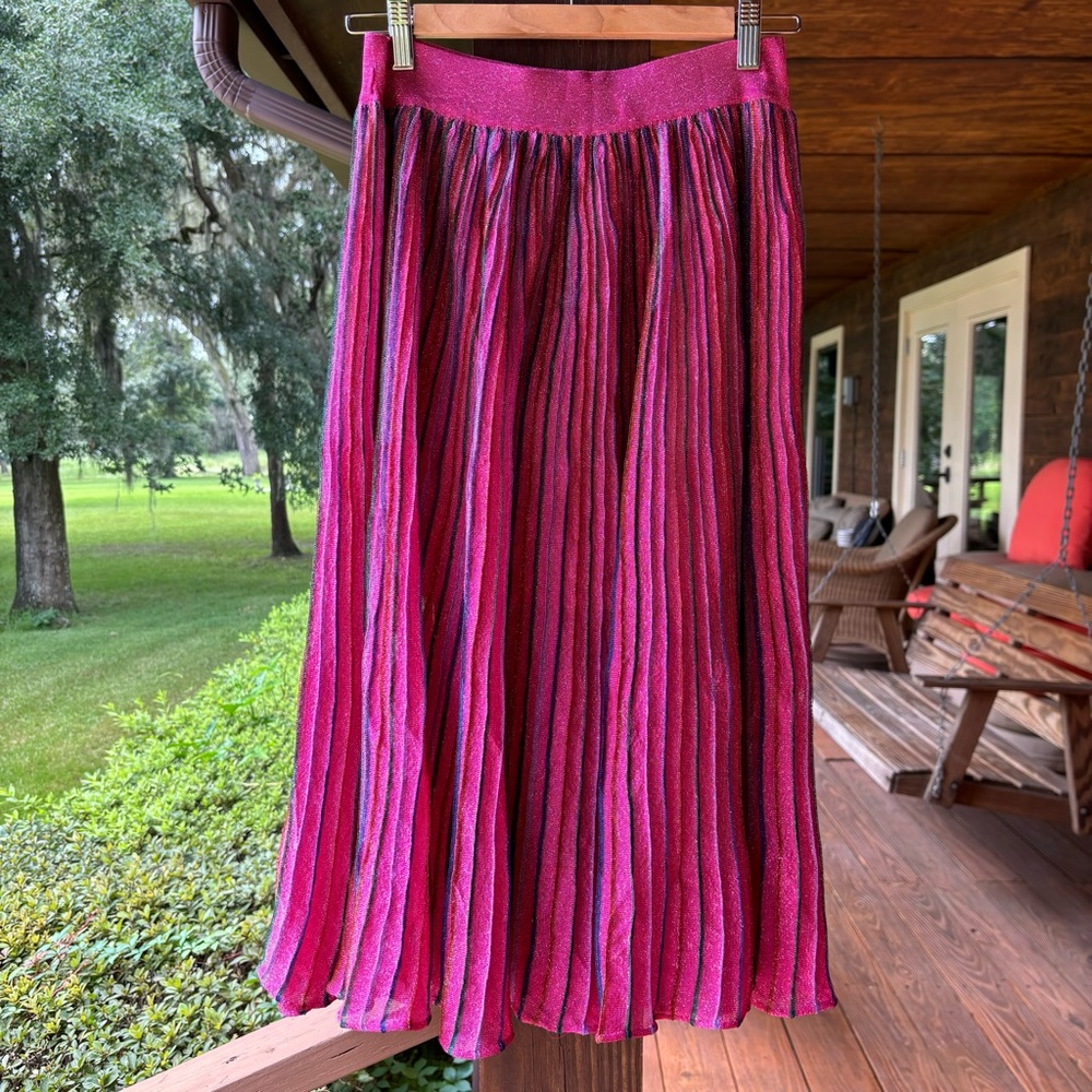 Happy Sheep Metallic Lurex Fit & Flare Striped Pink Skirt